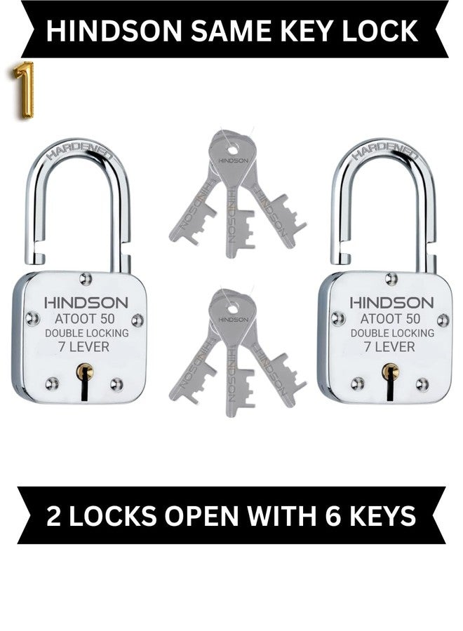 HINDSON Same Key Atoot 50mm Square Padlock, Pack of 2 Locks with 6 Same Keys, Double Locking Padlock with Hardened Shackle & 7 Lever Mechanism for Door, Gate & Shutter (Silver Finish) - Image 2